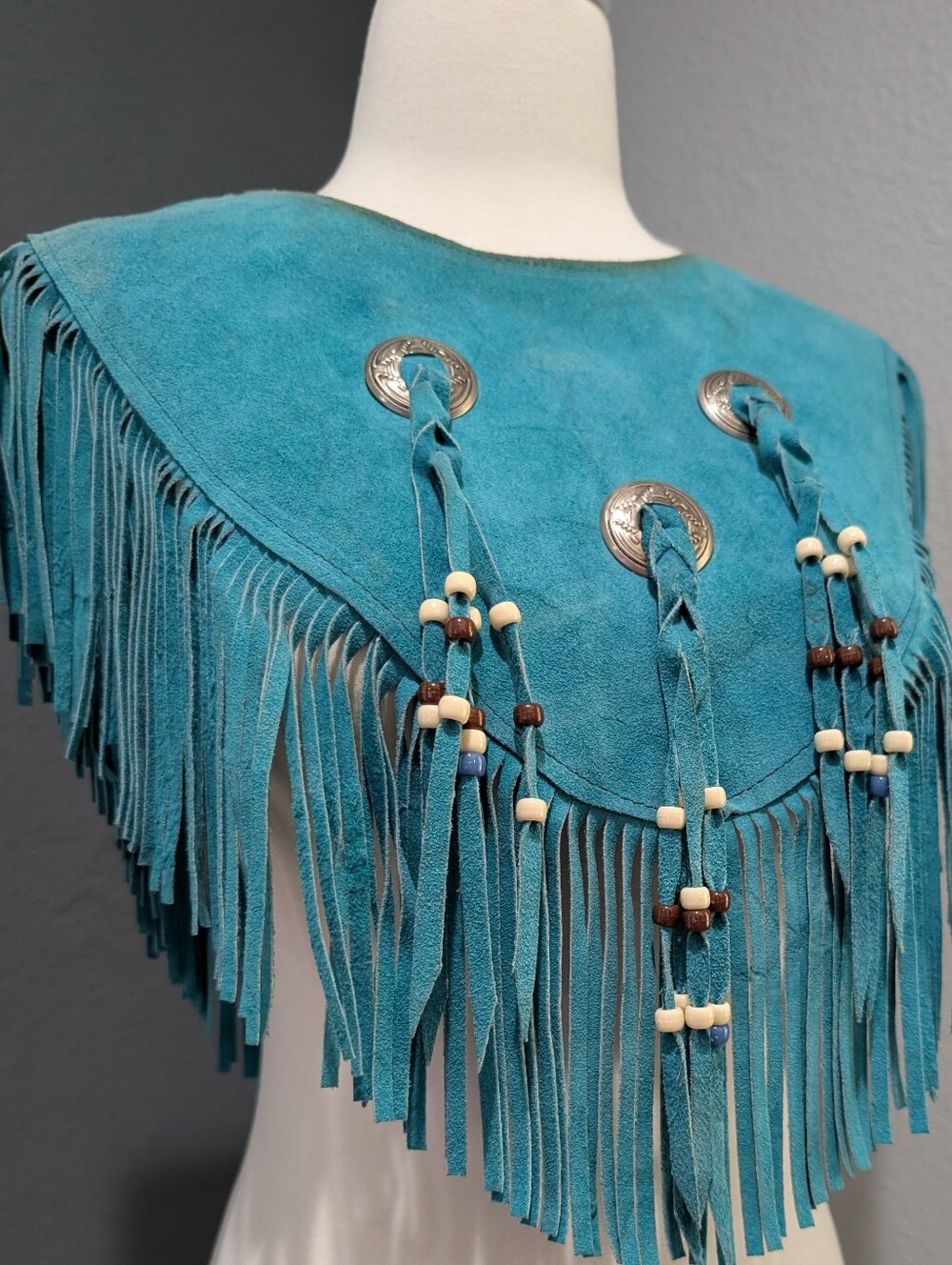 Vintage Steer Brand Teal Suede Fringe Cape with Conchos - Boho Western Statement - Picture 16 of 16